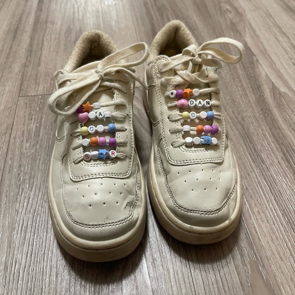 Kids Cream Sneakers with Bead Accents